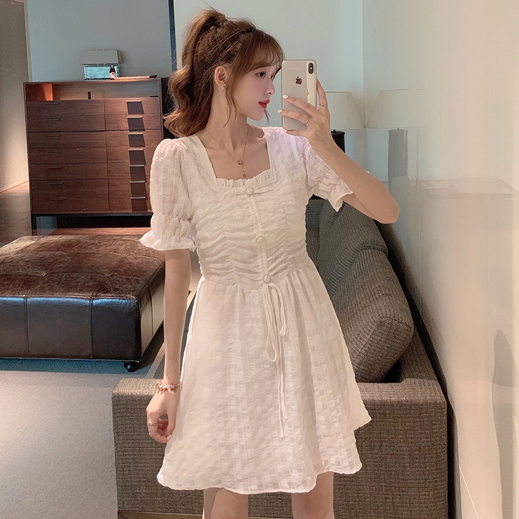 Real price white French Square Collar Chiffon Dress first love princess skirt