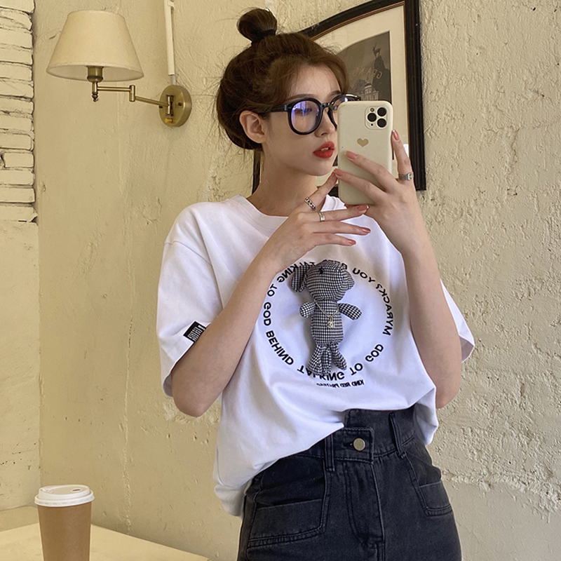 Real price Cartoon Bear t-shirt female short sleeve loose student Plaid Shirt women's casual foreign style top
