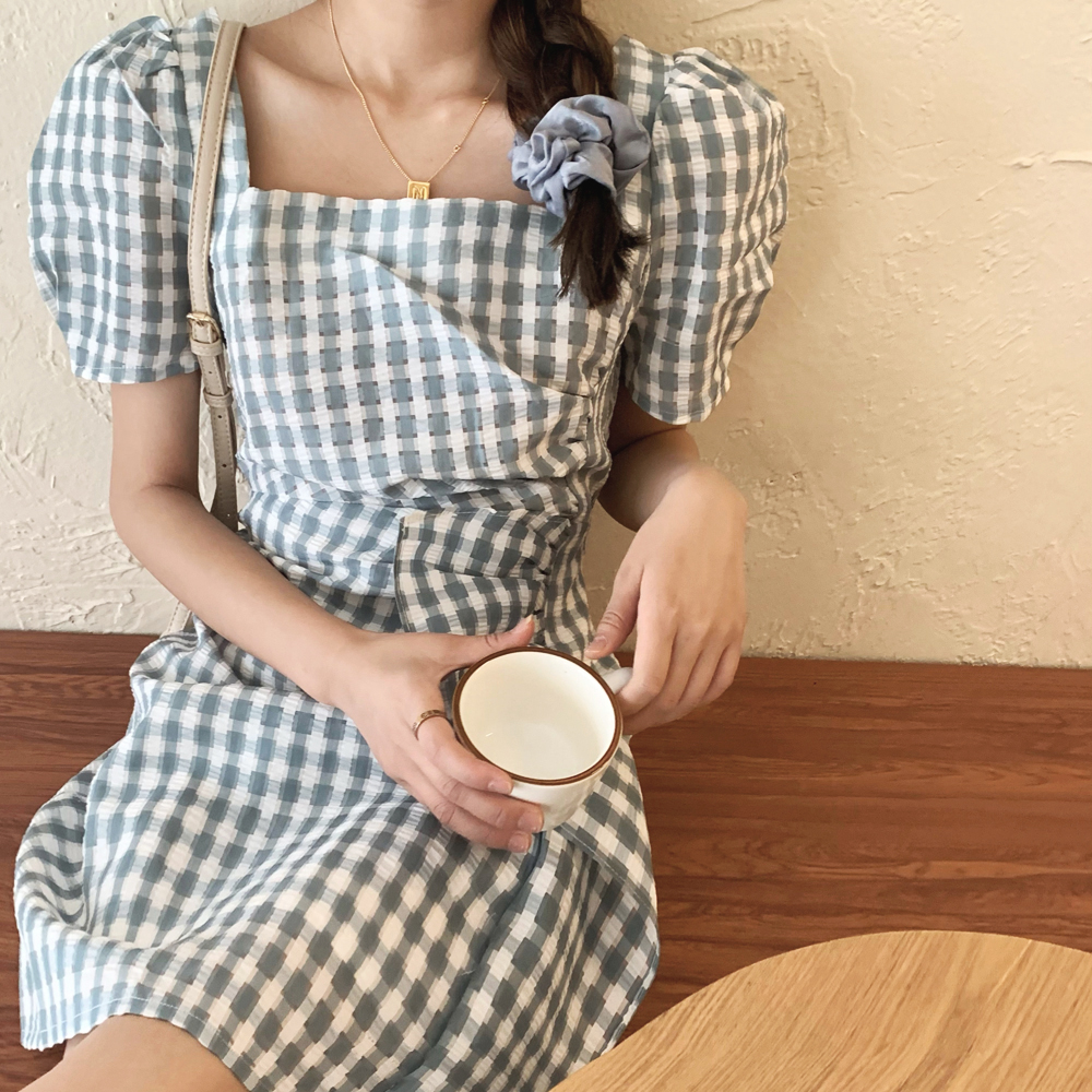 Real price new style in spring and summer with square neck and fashionable Plaid waist medium length dress