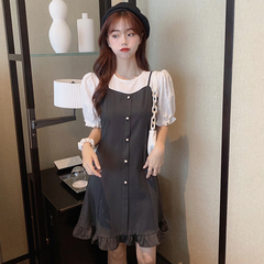 Real price dress women's 2020 new bubble sleeve skirt fake two thin skirts with Auricularia