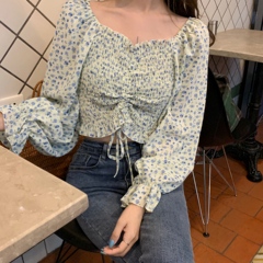 Real price retro French floral one shoulder top women's leaky shoulder super fairy short drawstring chiffon shirt