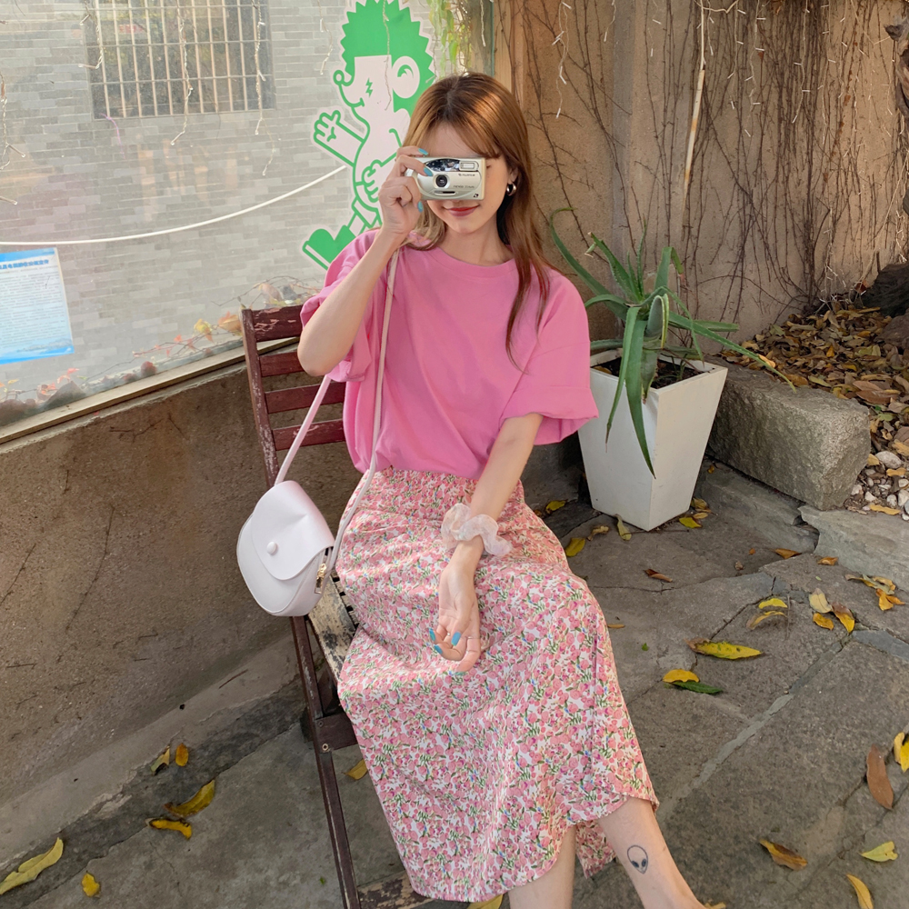 Real price - spring new chiffon skirt soft pink floral skirt loose and versatile short sleeve T-shirt