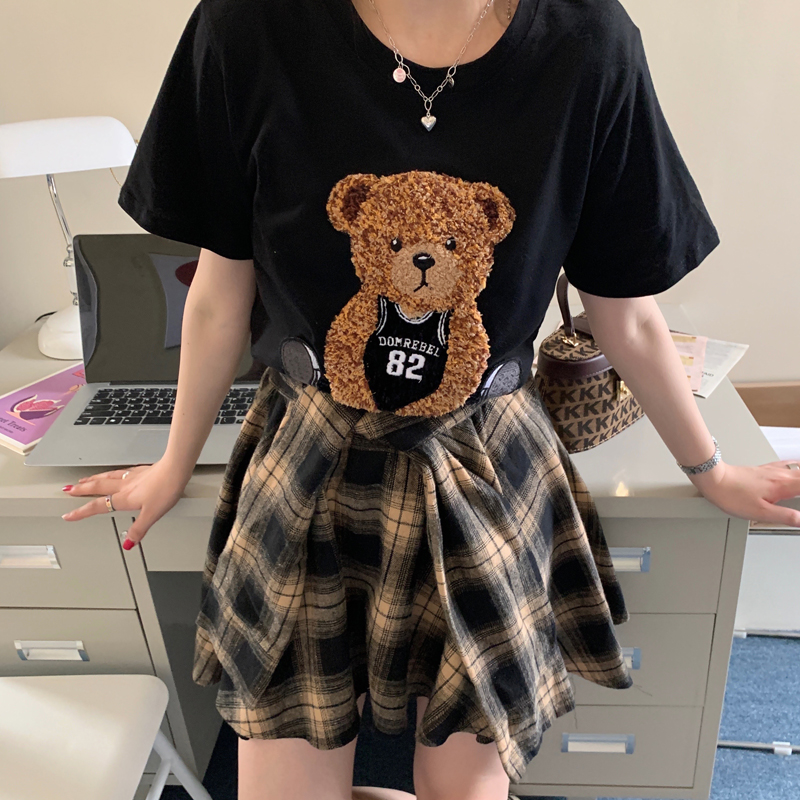 Real price Korean bear T-shirt with plaid skirt children's summer leisure Street