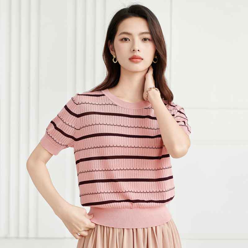 短袖针织衫宝迪莱丝条纹天丝衫