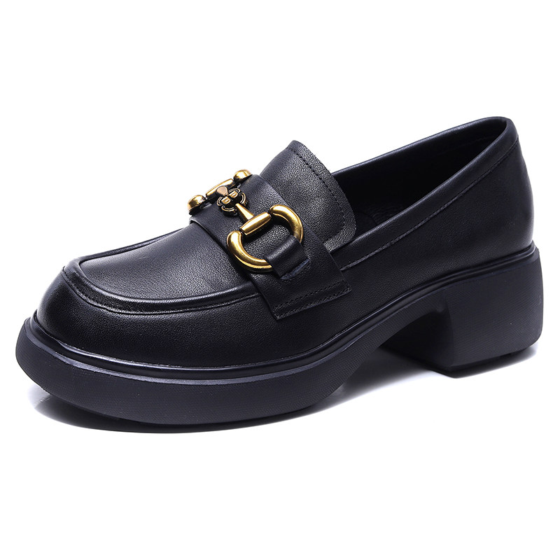 头层牛皮黑色乐福鞋女单鞋厚底真皮小皮鞋工作鞋复古女皮鞋