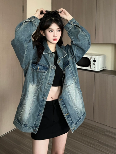 Ретро джинсовая короткая куртка, в американском стиле, оверсайз, осенняя