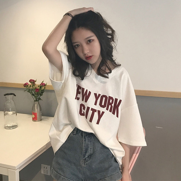 Women's wear Korean version Harajuku V-neck simple letter printing loose Short Sleeve T-Shirt Medium Length student top