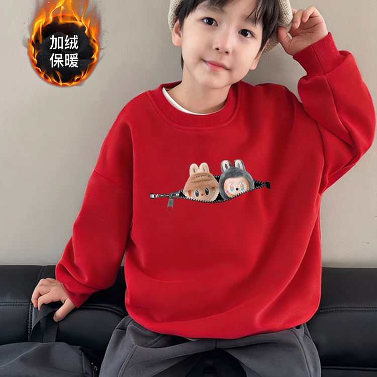 男童中大童长袖新年红色秋冬季加绒卫衣拜年服马年过年服上衣女童