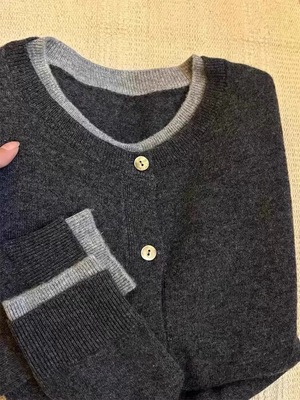 超好看减龄文艺范叠穿山羊绒毛衣外套针织开衫女撞色假两件上衣