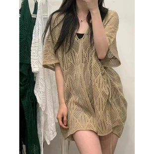 設計感小眾獨特別致寬松罩衫 上衣 女慵懶風夏季 防曬鏤空百搭針織衫