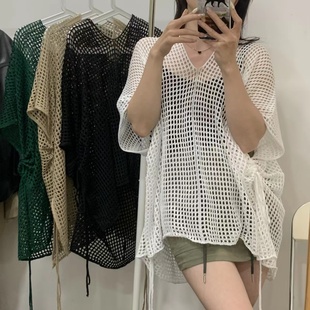 設計感小眾獨特別致寬松罩衫 上衣 女慵懶風夏季 防曬鏤空百搭針織衫