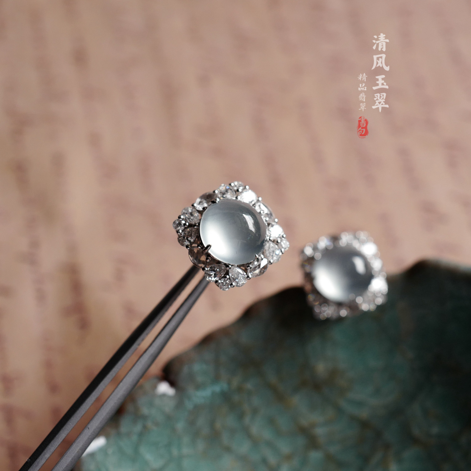 清风玉翠 18K金镶钻 玻璃种蛋面耳钉一对  缅甸天然A货翡翠WX7