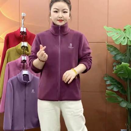 中老年女装冬季双面奥利绒外套妈妈新款时尚休闲立领保暖抓绒上衣