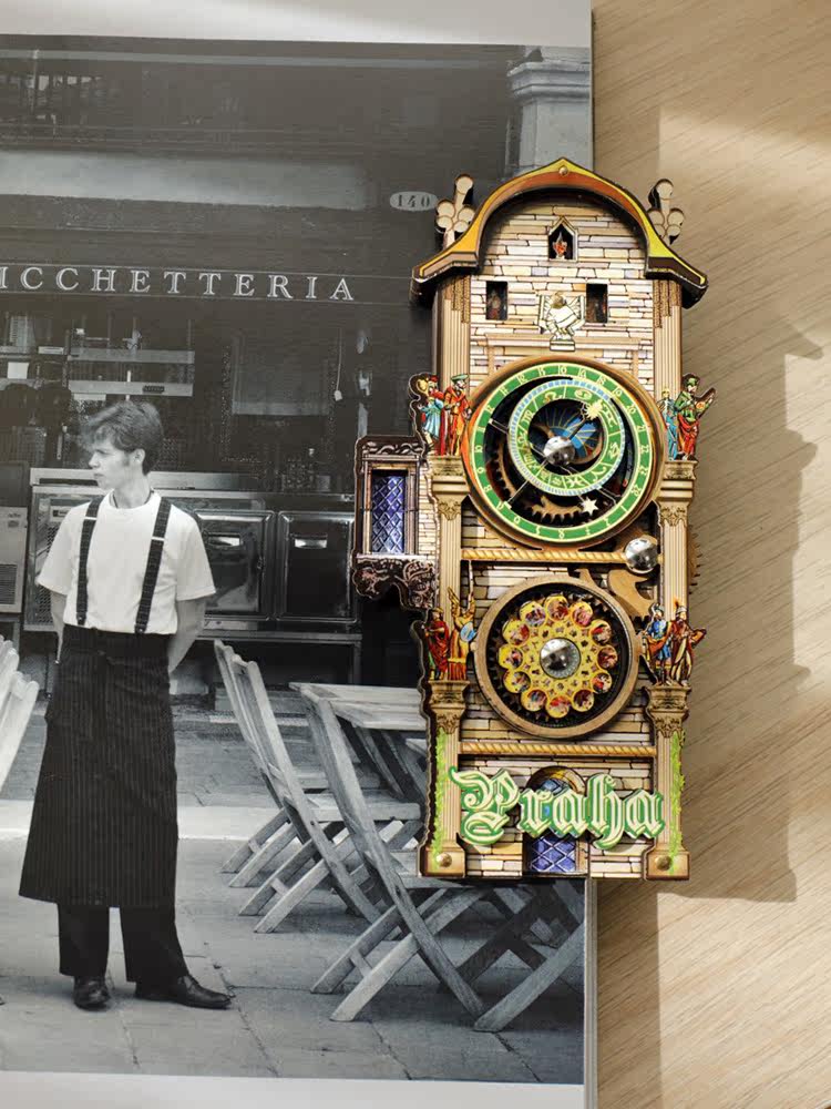 布拉格广场天文钟齿轮转动冰箱贴木质磁力贴捷克旅游伴手礼3转