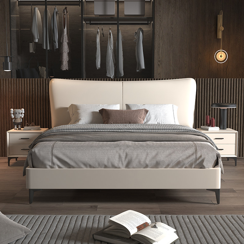 床现代简约主卧高端大气1米8双人1.5奶油风床实木薄床头意式极简