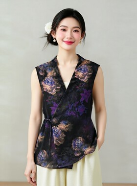 真丝香云纱花萝小道袍长版交领外套新中式系带上衣无袖开衫女夏