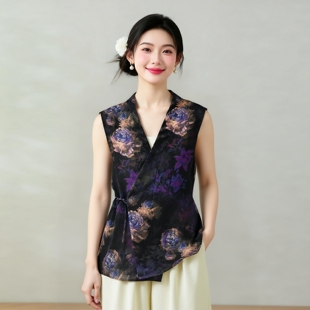 真丝香云纱花萝小道袍长版交领外套新中式系带上衣无袖开衫女夏