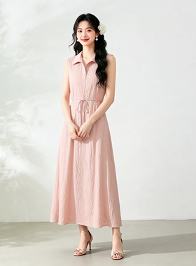 夏季机洗真丝干丝抗皱面料法式高级绿色衬衫领无袖连衣裙通勤长裙