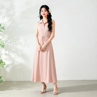 夏季机洗真丝干丝抗皱面料法式高级绿色衬衫领无袖连衣裙通勤长裙