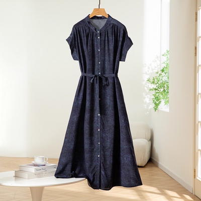 岁月不败美人～纯真丝牛仔印花双绉法式短袖连衣裙女夏显瘦不挑人