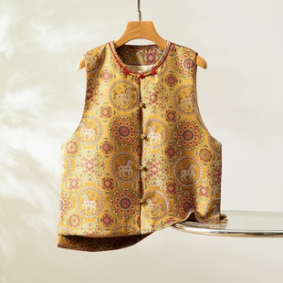 马上有福～真丝桑蚕丝宋锦对襟马甲圆领新中式国风女背心外穿上衣