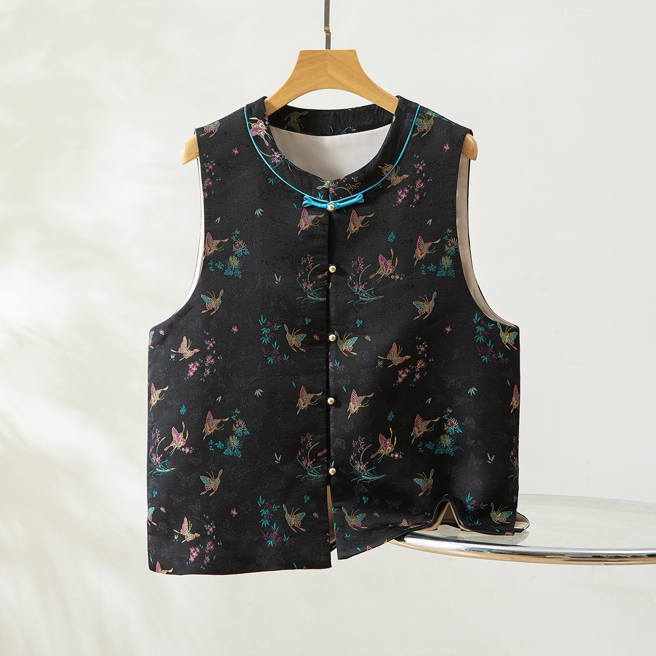 兰花蝴蝶～真丝桑蚕丝宋锦对襟马甲圆领新中式国风女背心外穿上衣