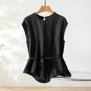 高级感真丝桑蚕丝金皮冠乐绉收腰包肩袖衬衫女圆领气质小衫