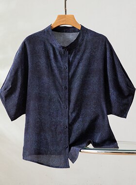 简约大方桑蚕丝真丝牛仔蓝落肩衬衫女新款宽松显瘦休闲七分袖衬衣