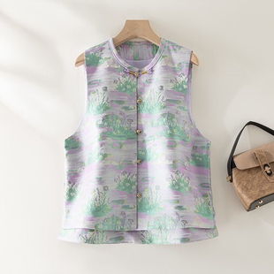 天鹅湖～真丝桑蚕丝宋锦对襟马甲圆领新中式国风女背心外穿上衣