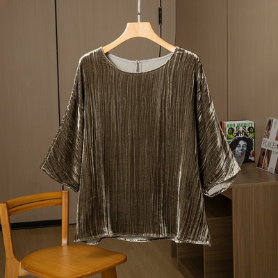 尖货法式优雅宽松桑蚕丝丝绒落肩蝙蝠衫七分袖上衣女圆领慵懒风