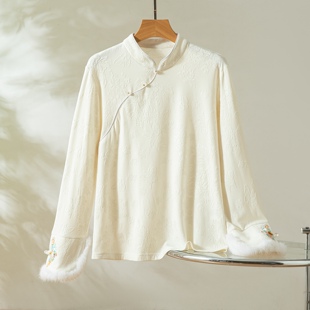 新中式国风针织弹力内搭秋冬长袖加绒保暖水貂毛斜襟打底小衫上衣
