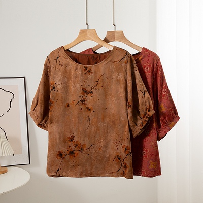 简约风格真丝香云纱红云纱花萝大T恤女桑蚕丝短袖圆领提花上衣夏