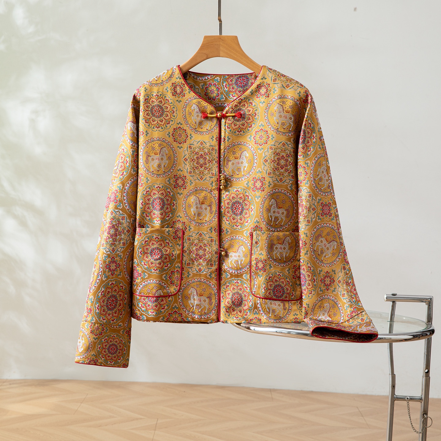 小香风～马上有福真丝桑蚕丝宋锦对襟圆领新中式国风女外套上衣