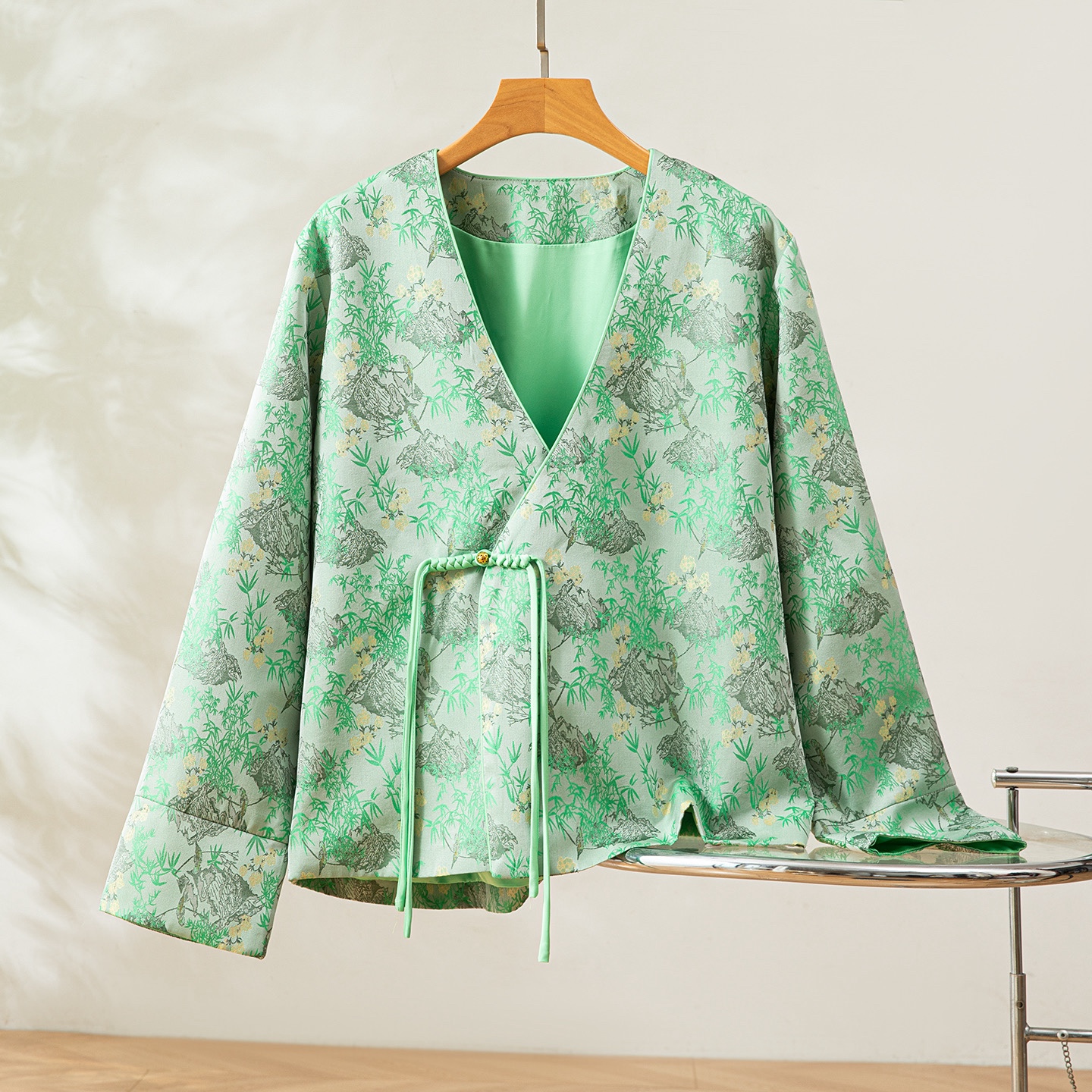 明星同款～春和景明真丝桑蚕丝宋锦斜襟V领新中式国风女外套上衣