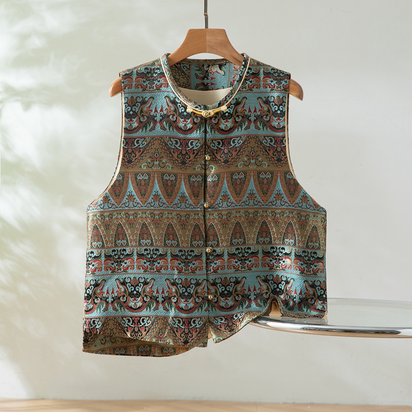 敦煌天织～真丝桑蚕丝唐锦对襟马甲圆领新中式国风女背心外穿上衣,女装/女士精品,马夹,淘宝优惠券,粉丝福利购,淘宝优惠卷