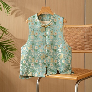 春日暖阳～真丝桑蚕丝宋锦对襟马甲圆领新中式国风女背心外穿上衣