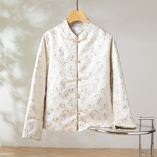 小洋花真丝桑蚕丝织金宋锦棉袄对襟外套圆领新中式女白鸭绒羽绒服