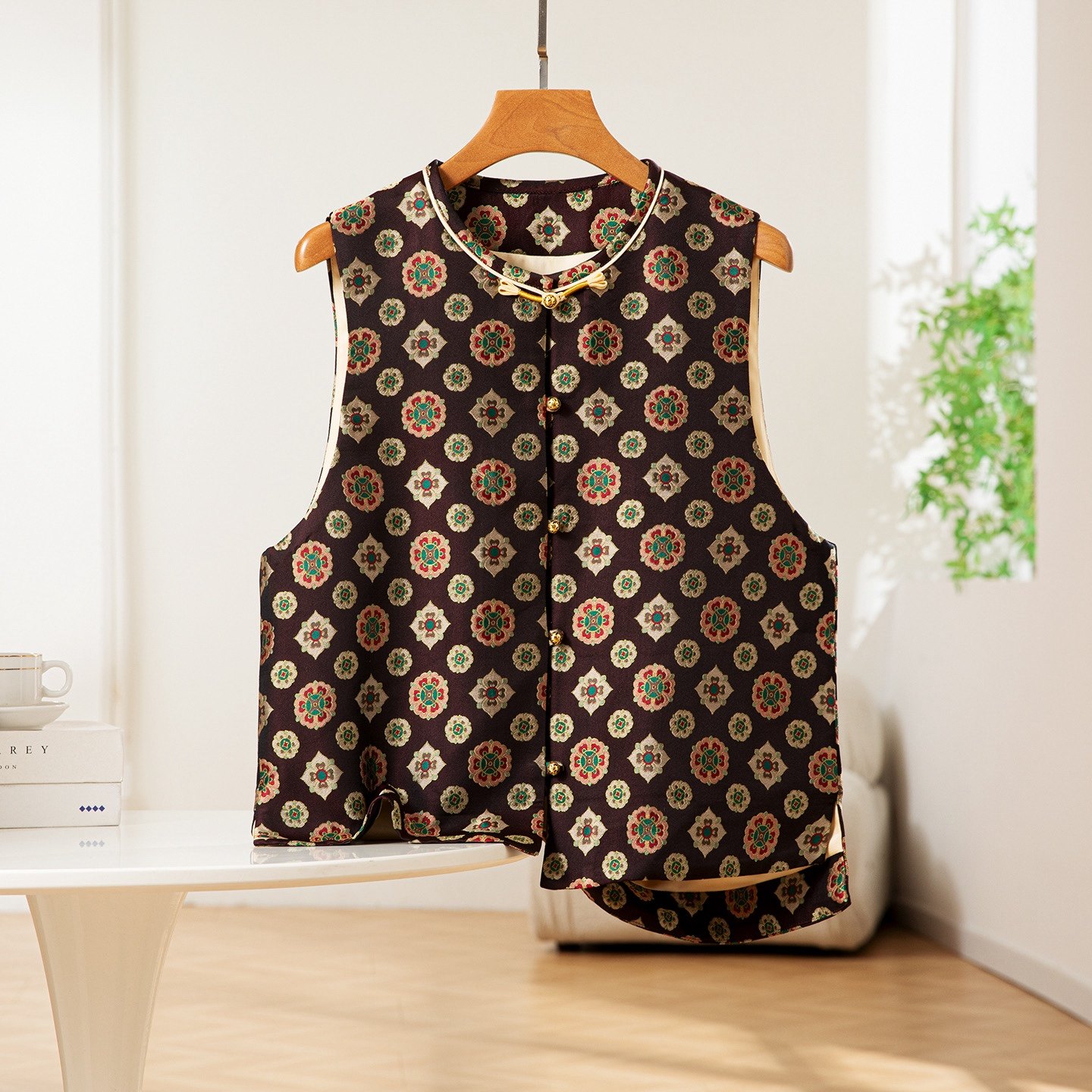 老钱花～真丝桑蚕丝宋锦对襟马甲圆领新中式国风女背心外穿上衣