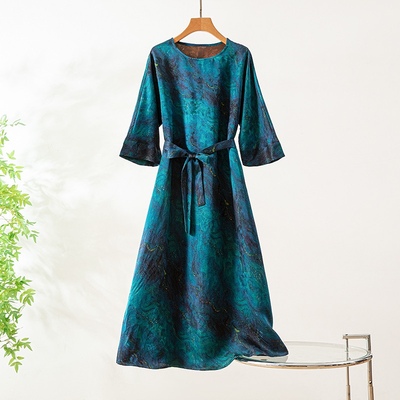 珍品香云纱奢级红云纱花萝七分袖连袖连衣裙圆领宽松收腰大袍子