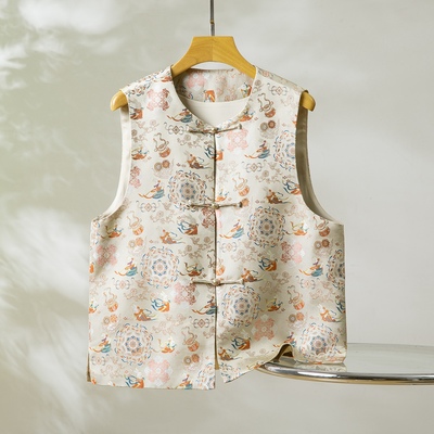 三马敦煌飞天兔～真丝桑蚕丝宋锦对襟马甲圆领国风女背心外穿上衣