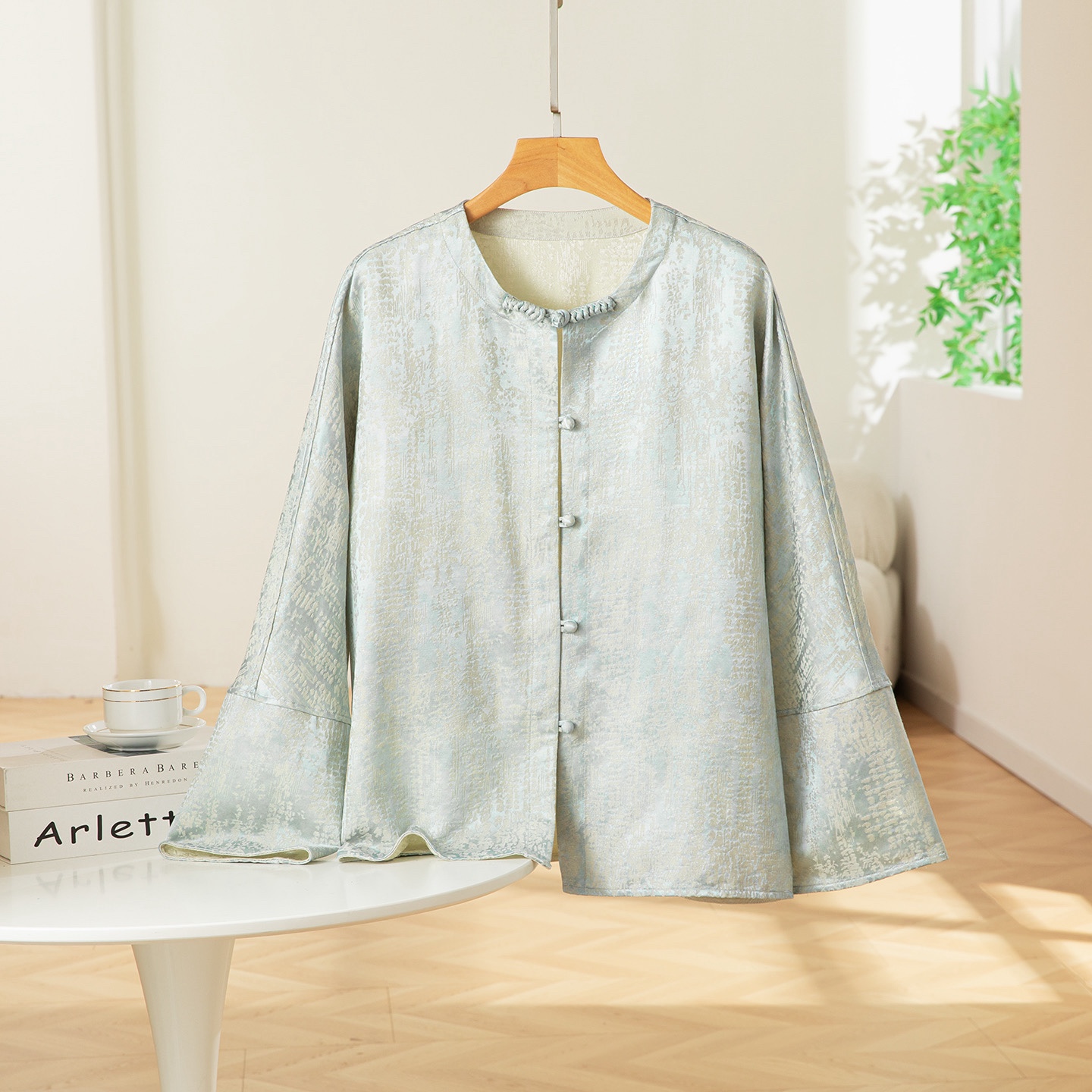 满天星双面穿桑蚕丝丝羊毛上衣女长袖开衫国风新中式圆领落肩外套