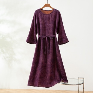 珍品香云纱奢级红云纱花萝七分袖 连衣裙圆领宽松收腰大袍子 连袖