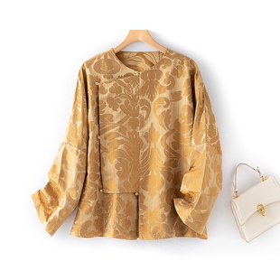 高端气质重磅桑蚕丝宋锦上衣女长袖新款中式国潮风斜襟复古衬衫