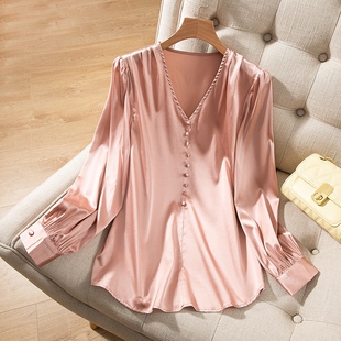 女上衣 衬衫 春新款 桑蚕丝重磅弹力缎通勤OL设计感小众V领长袖