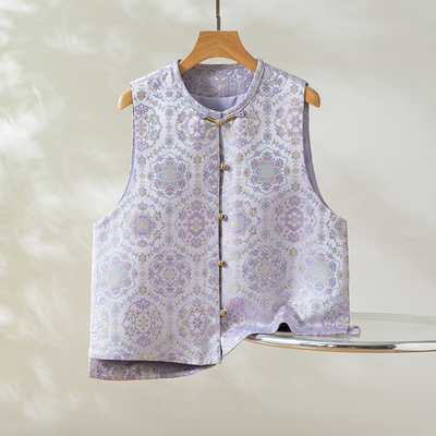 紫冰淇淋～真丝桑蚕丝宋锦对襟马甲圆领新中式国风女背心外穿上衣