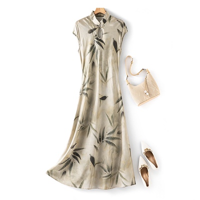 斜裁新中式！中国风桑蚕丝连衣裙真丝素绉缎修身长裙印花改良旗袍