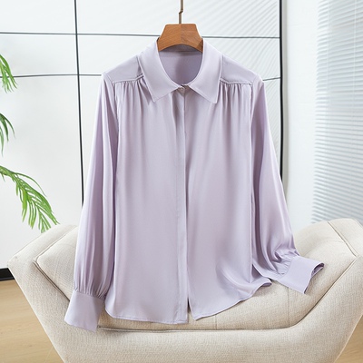 高级色真丝弹力双乔衬衫抽褶OL时尚简约桑蚕丝长袖衬衣女气质上衣