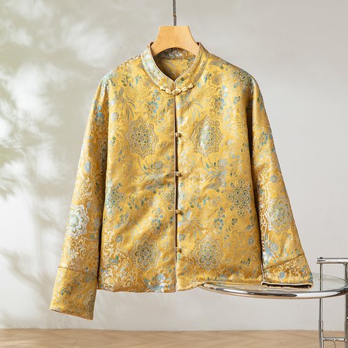 蓝凤凰真丝桑蚕丝织金宋锦棉袄对襟外套圆领新中式女白鸭绒羽绒服