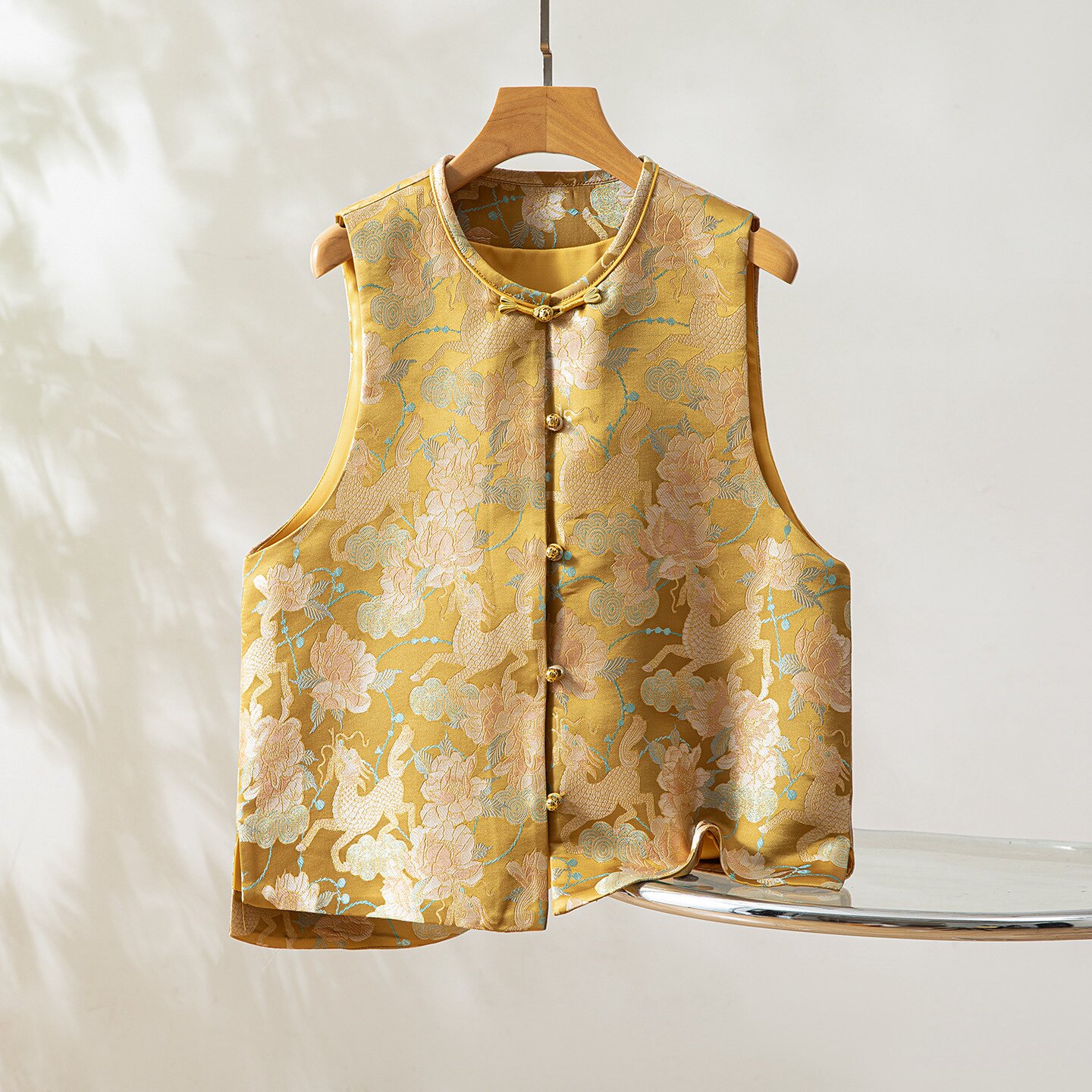 麒麟牡丹～真丝桑蚕丝宋锦对襟马甲圆领新中式国风女背心外穿上衣