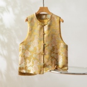 麒麟牡丹～真丝桑蚕丝宋锦对襟马甲圆领新中式 国风女背心外穿上衣